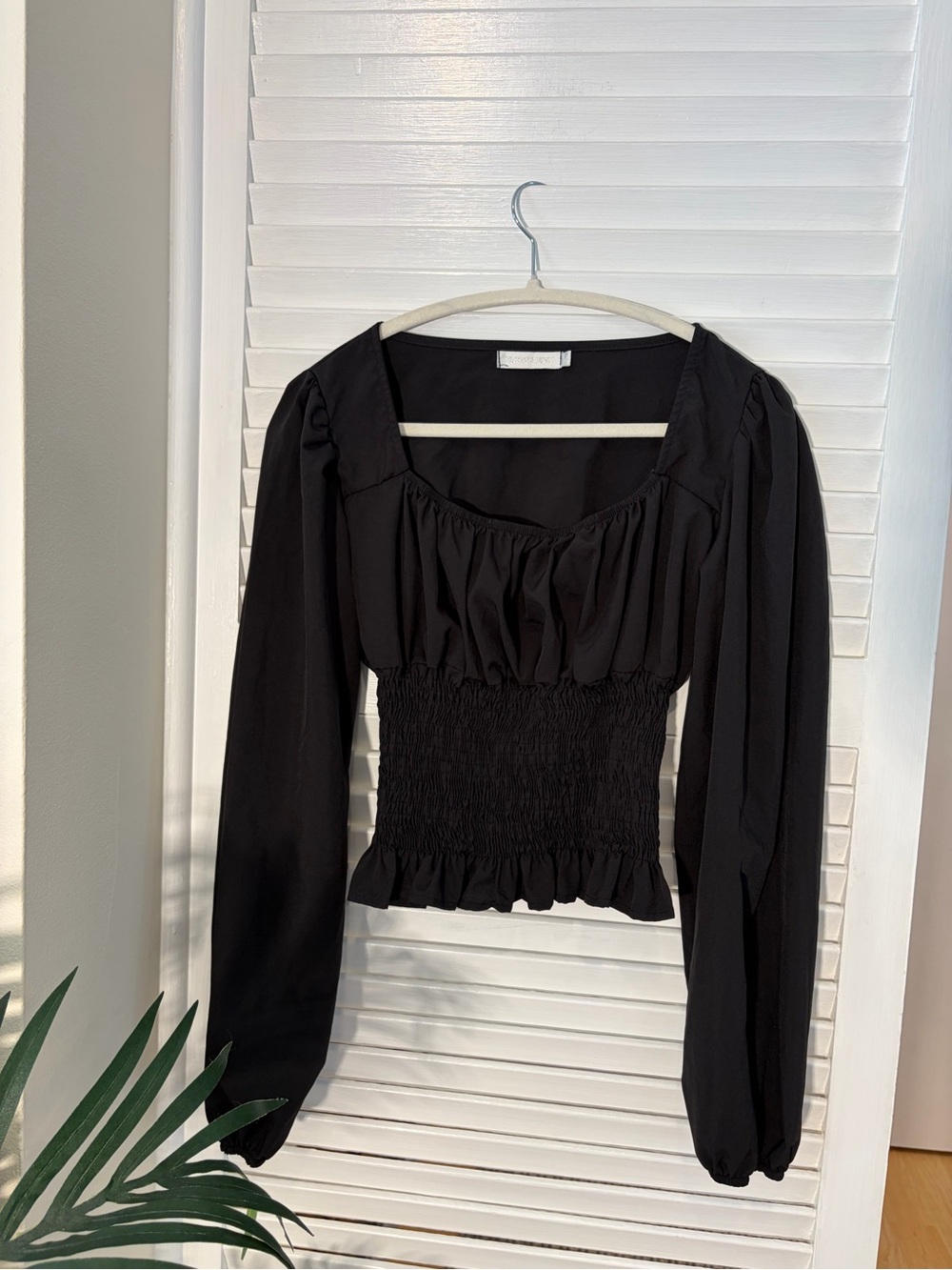 Smocked-Waist Black Long-Sleeve Blouse